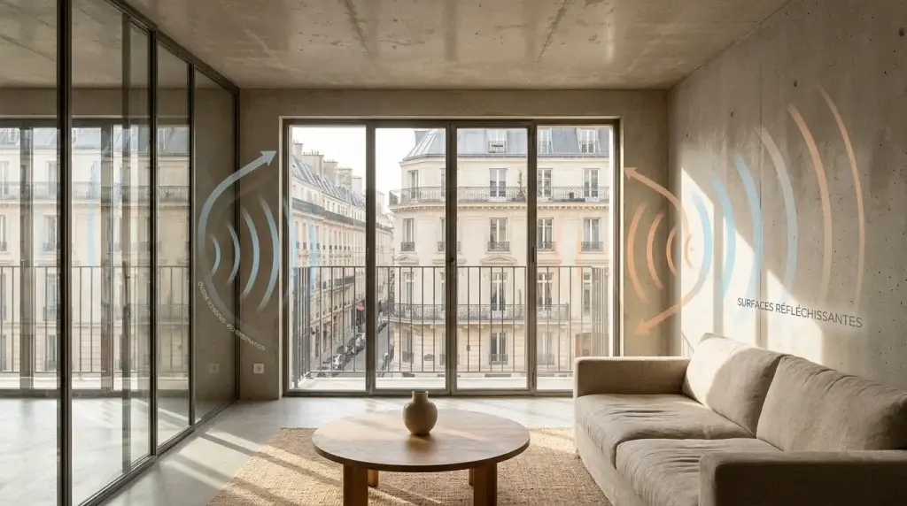 Illustration de la réverbération sonore dans un salon moderne aux murs nus