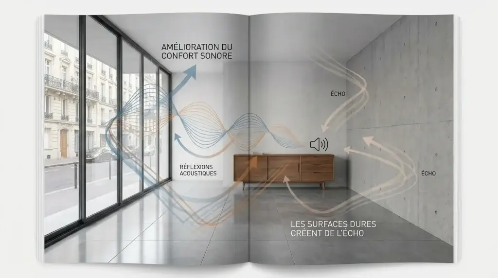Illustration montrant les ondes sonores qui rebondissent sur les surfaces dures d'un salon moderne