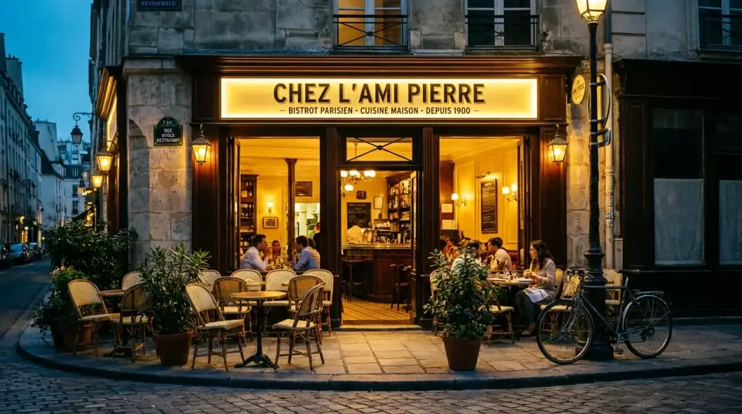 Façade chaleureuse d'un restaurant français illuminée par un caisson lumineux au crépuscule