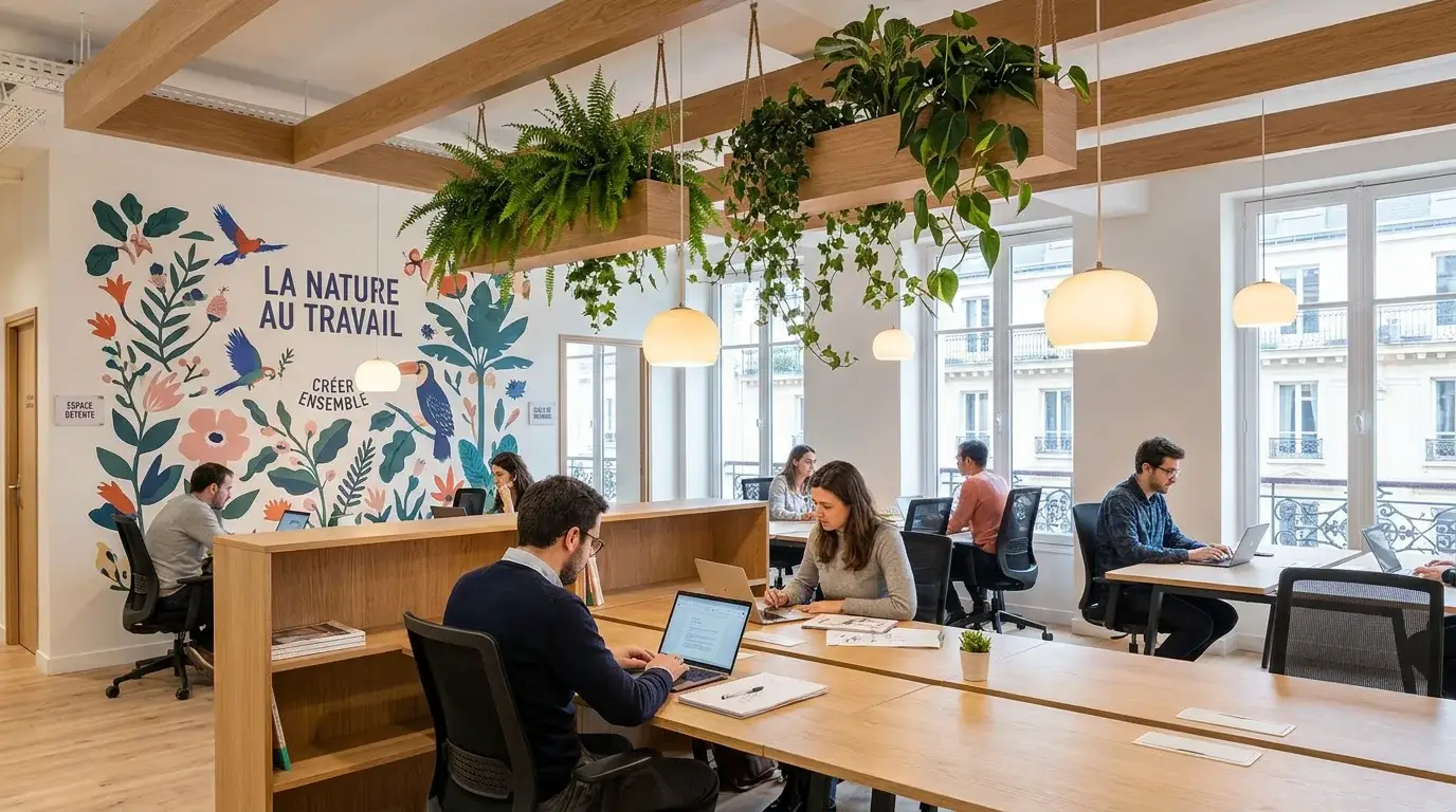 Open space professionnel avec décoration murale biophilique et plantes suspendues