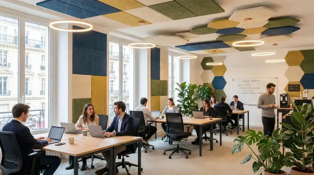 Bureau professionnel équipé de panneaux acoustiques décoratifs sur les murs et le plafond