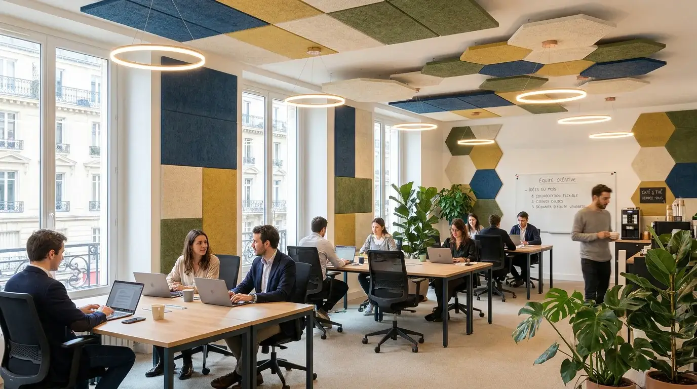 Bureau professionnel équipé de panneaux acoustiques décoratifs sur les murs et le plafond