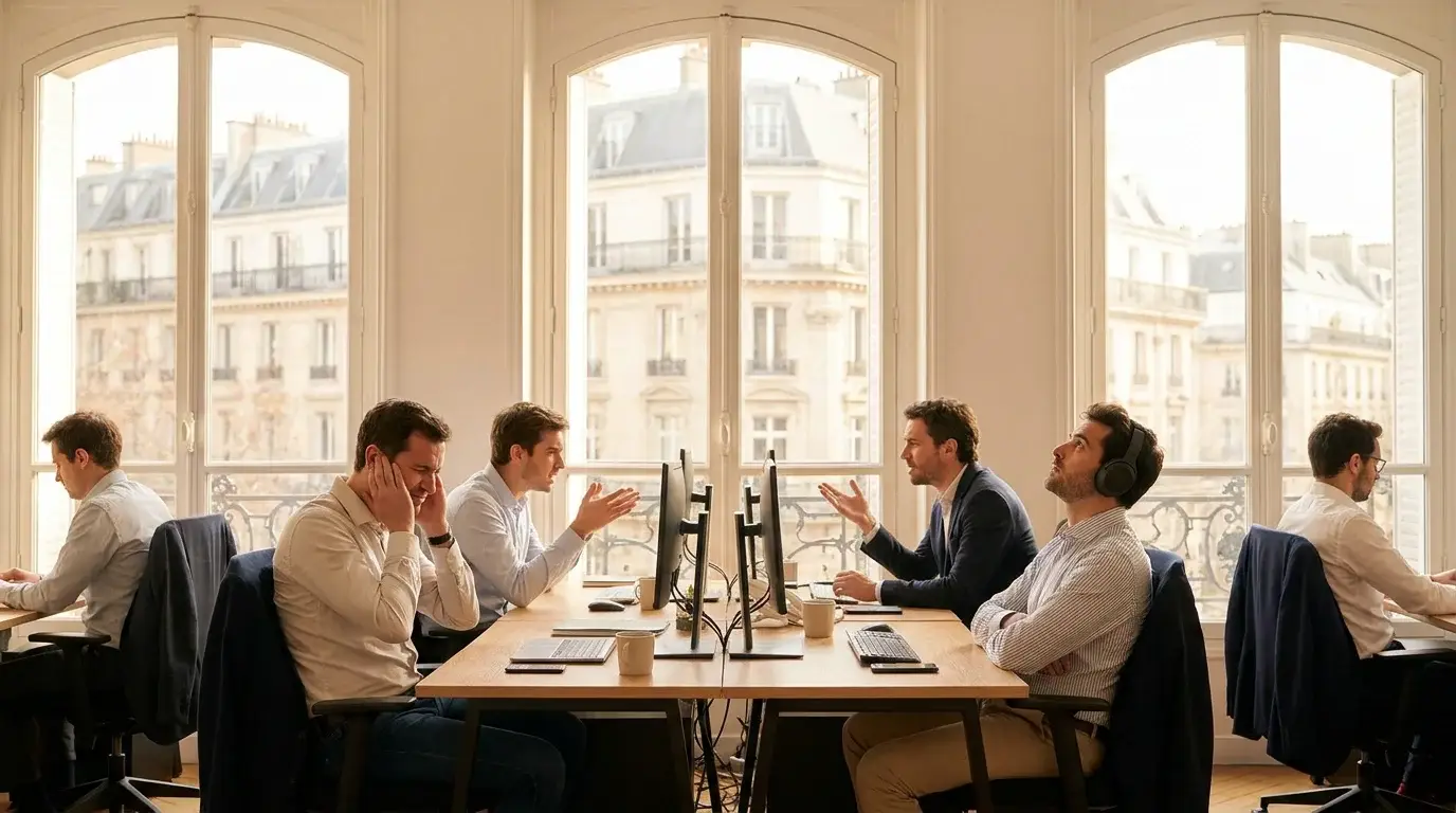 Bureau en open space en France avec des employés gênés par le bruit ambiant