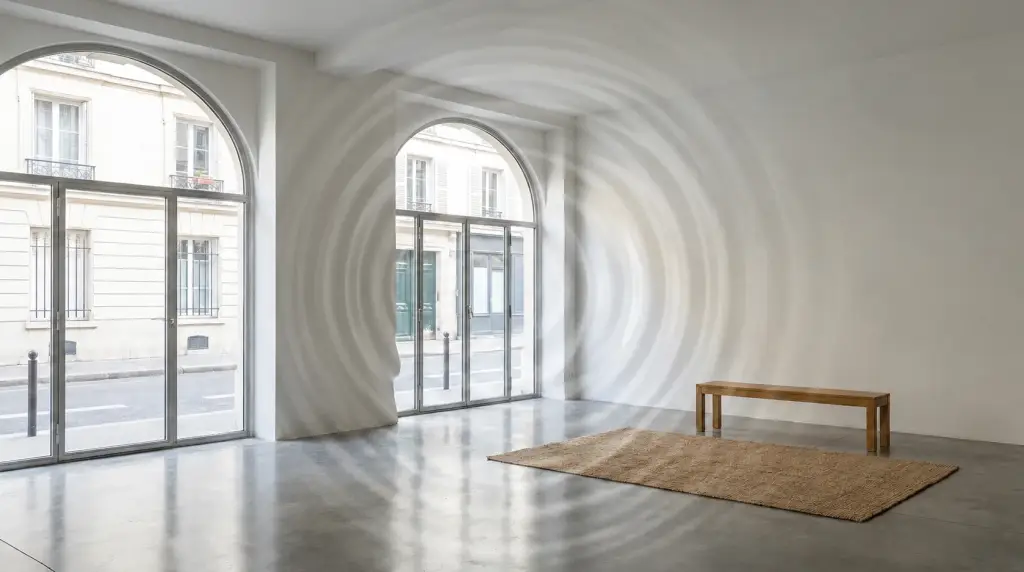 Salon moderne vide avec de grandes surfaces dures favorisant la résonance sonore