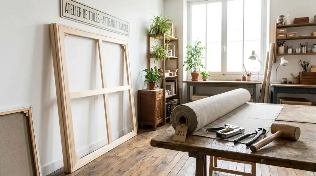 Atelier avec châssis en bois, rouleau de toile et outils de tendage prêts à l'emploi
