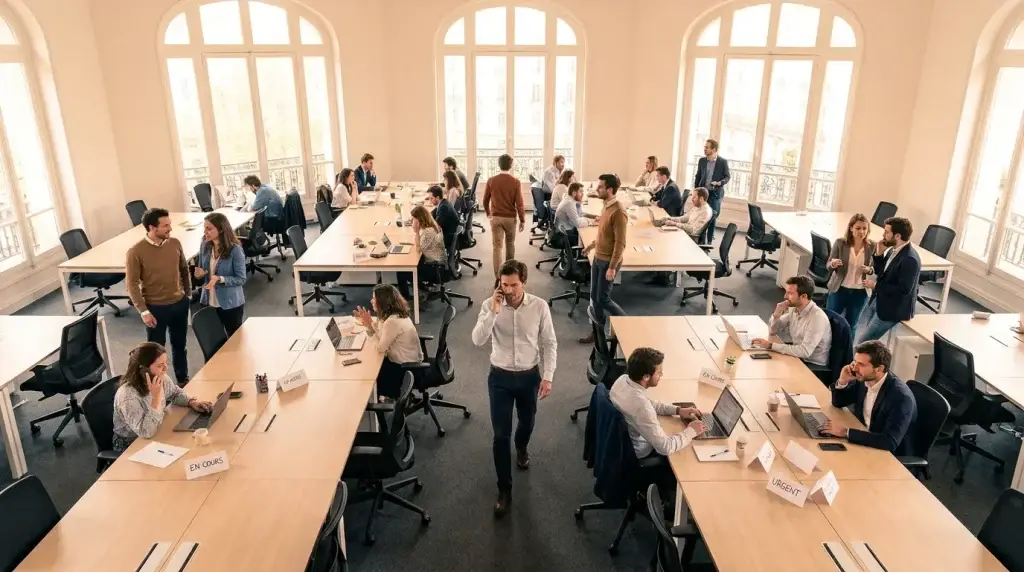 Open space de bureau animé avec de nombreux collaborateurs travaillant côte à côte