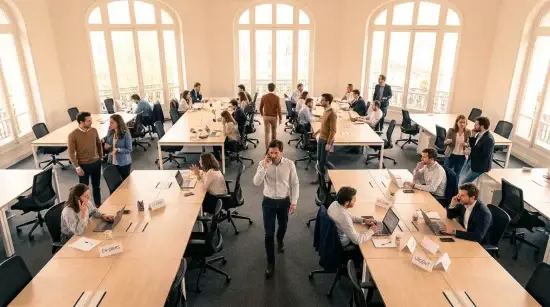 Open space de bureau animé avec de nombreux collaborateurs travaillant côte à côte