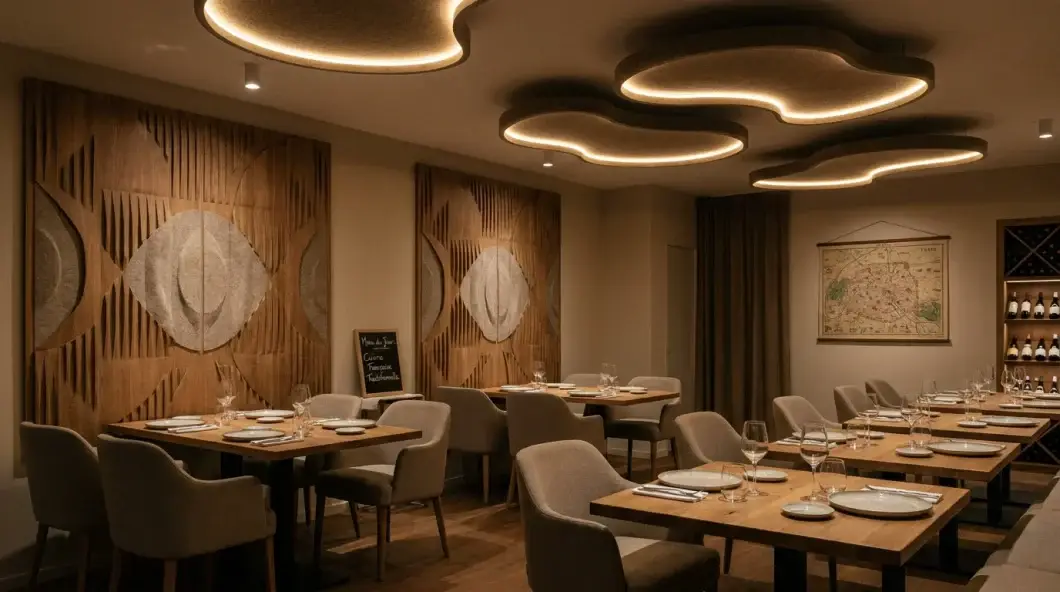 Restaurant avec panneaux acoustiques décoratifs au mur et absorbants au plafond pour réduire le bruit