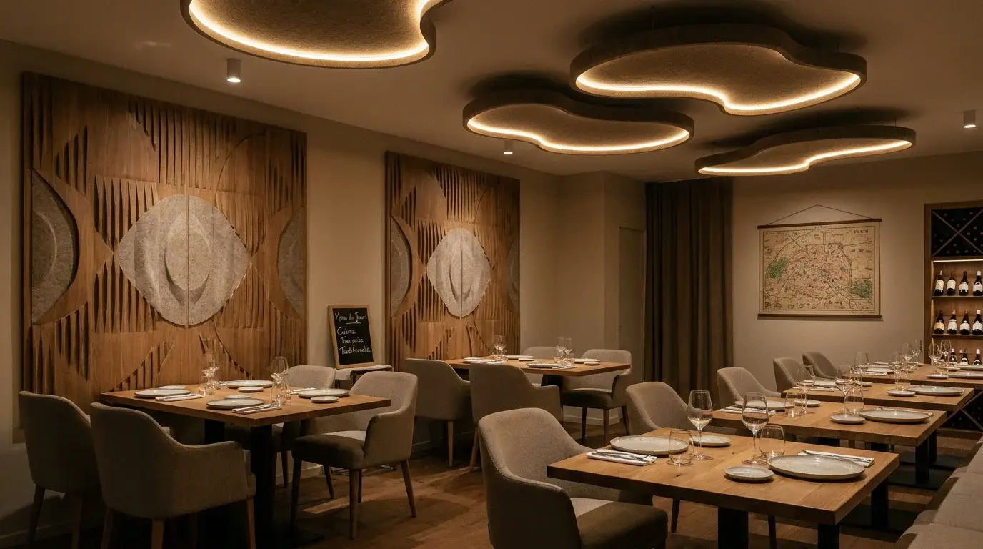 Restaurant avec panneaux acoustiques décoratifs au mur et absorbants au plafond pour réduire le bruit