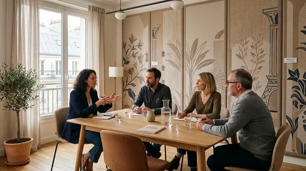 Salle de réunion avec toiles murales décoratives et absorbantes, équipe en discussion