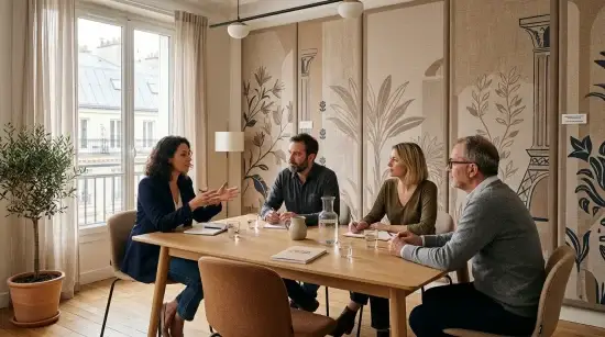 Salle de réunion avec toiles murales décoratives et absorbantes, équipe en discussion
