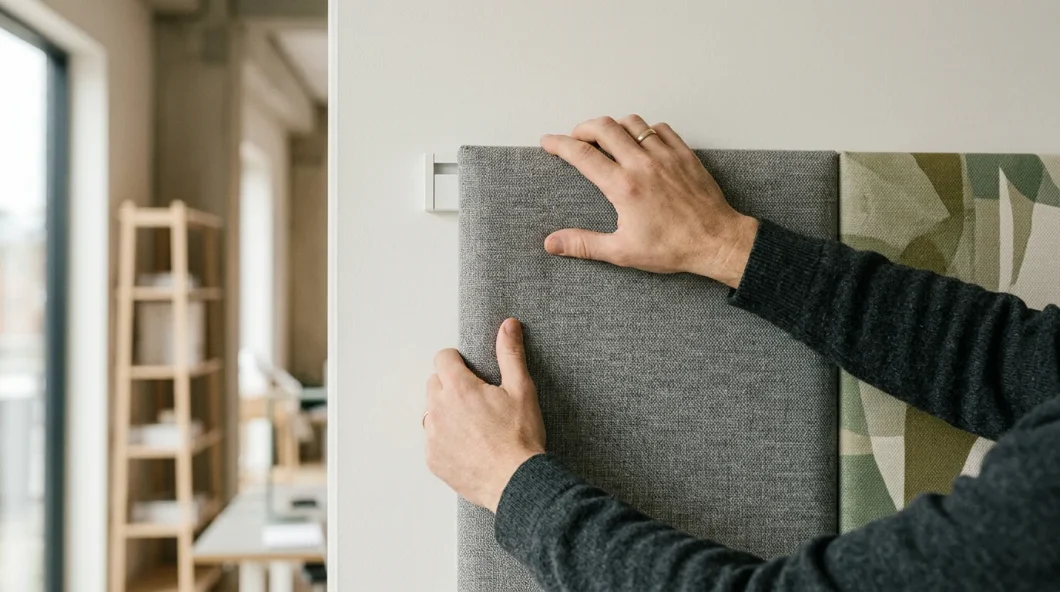 Installation détaillée d'un panneau acoustique textile sur un mur