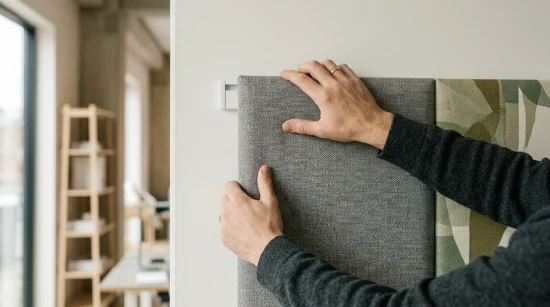 Installation détaillée d'un panneau acoustique textile sur un mur