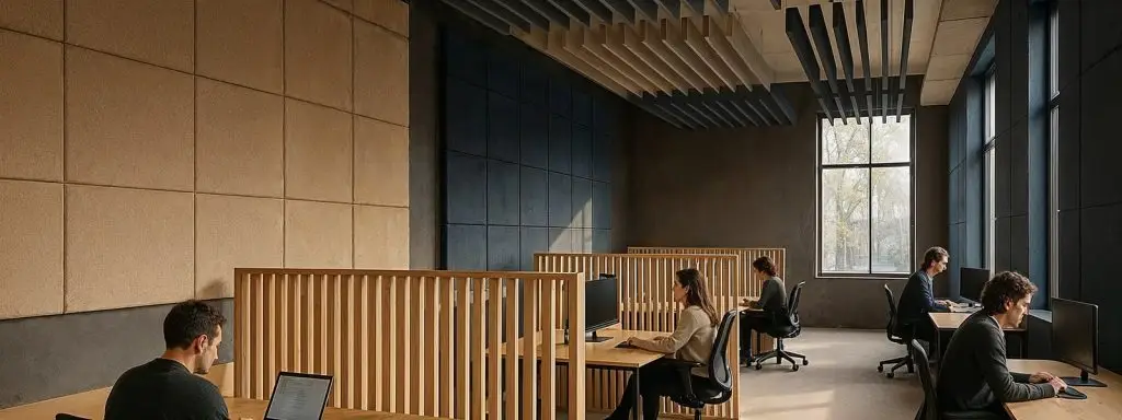 Bureau open space avec traitement acoustique : panneaux muraux, baffles suspendus et claustras