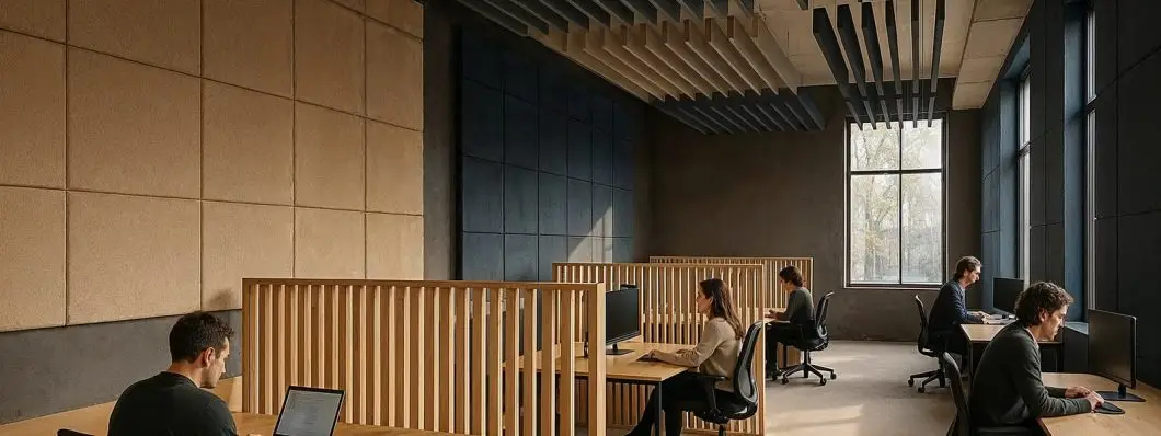 Bureau open space avec traitement acoustique : panneaux muraux, baffles suspendus et claustras