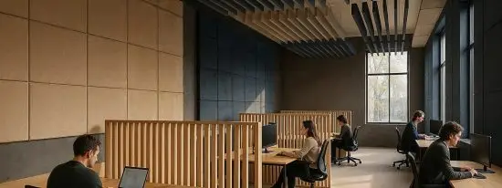 Bureau open space avec traitement acoustique : panneaux muraux, baffles suspendus et claustras