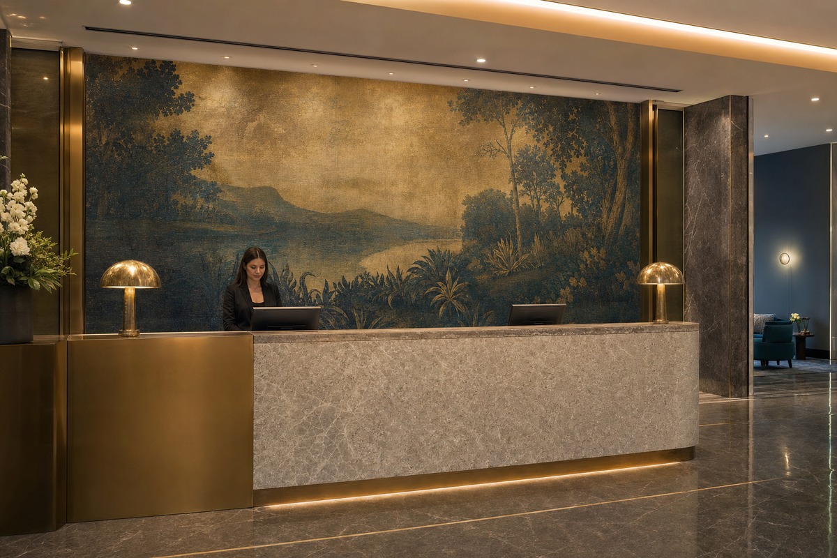 Décoration murale personnalisée dans un lobby d'hôtel moderne avec toile grand format