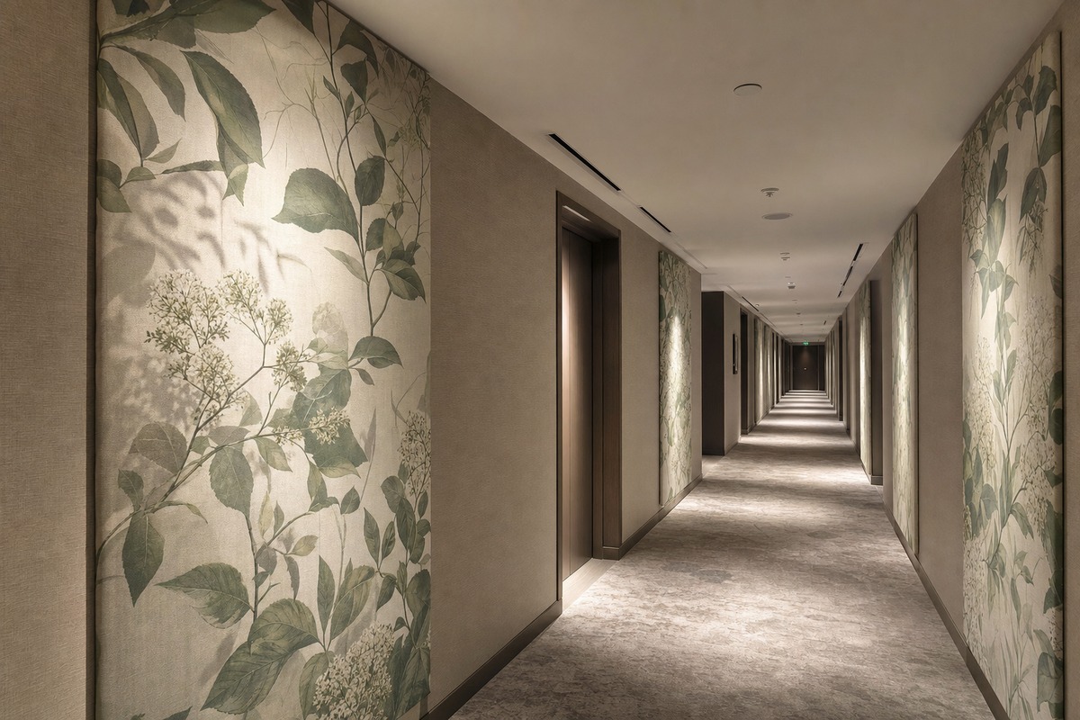 Panneau acoustique décoratif dans un restaurant d'hôtel avec motif personnalisé
