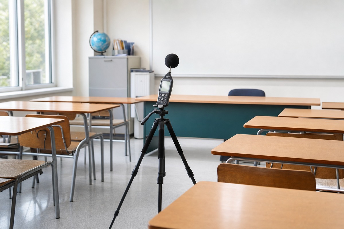 Mesure acoustique temps de réverbération salle de classe avec sonomètre professionnel