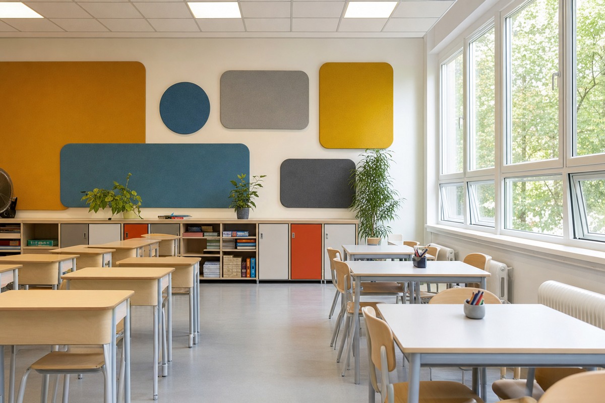 Salle de classe moderne avec panneaux acoustiques colorés intégrés harmonieusement dans décoration murale