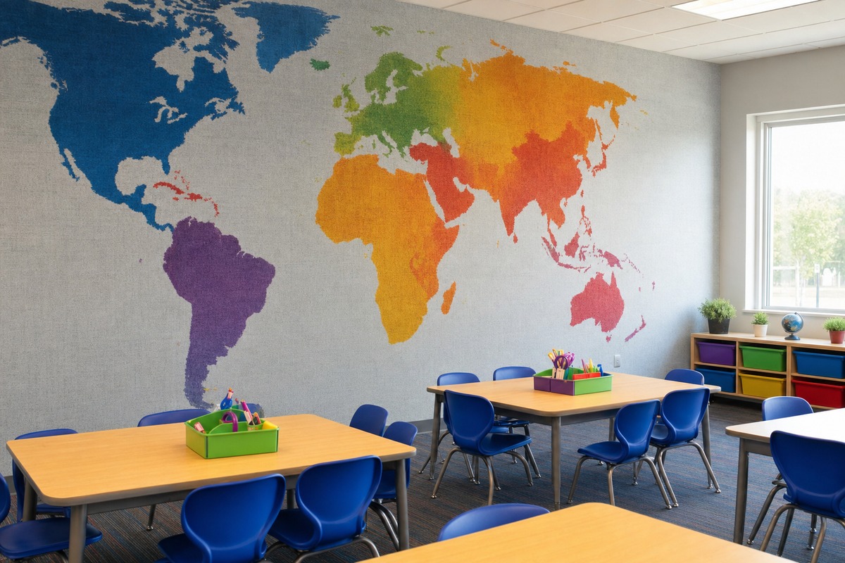 Toile murale acoustique personnalisée salle de classe avec carte géographique imprimée