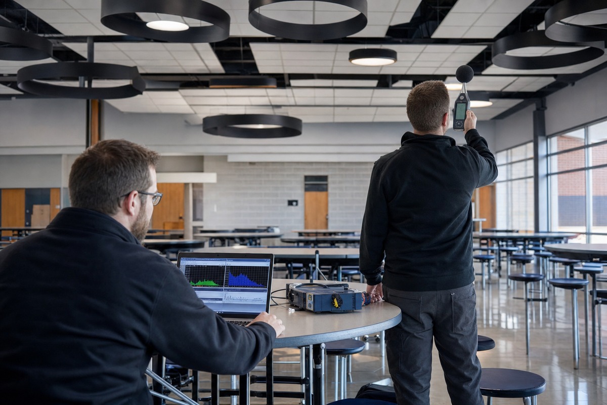 Équipe technicien effectuant mesures acoustiques validation post-travaux école avec matériel certifié