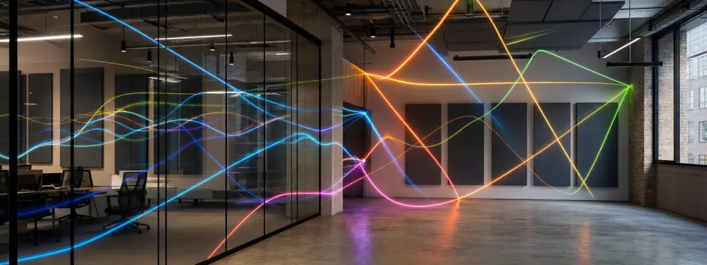 Réverbération visuelle avec ondes sonores réfléchies dans un bureau moderne